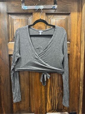 aerie Gray Wrap Tie Long-Sleeve Crop Top